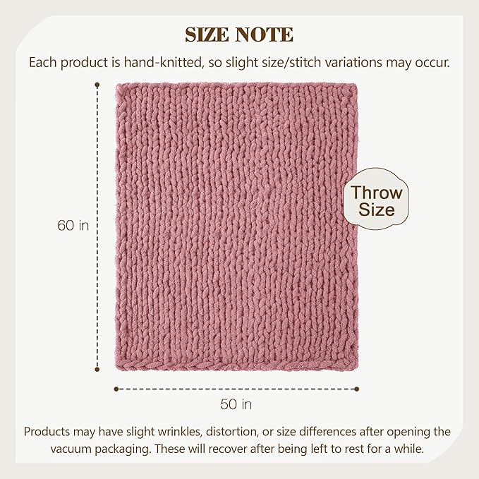 Carriediosa Chunky Knit Throw Blanket 50" X 60", 100% Hand Made Large Chenille Loop Yarn Soft Fluffy Throws for Couch Sofa Bed, Big Crochet Cozy Heavy Thick Cable Woven Blanket, Mauve-Ruum Studio Home