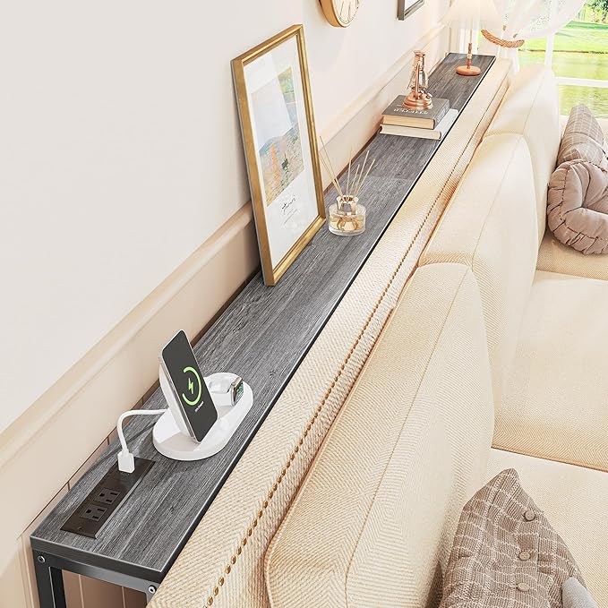SUPERJARE 78.7 Inch Console Table with Outlet, Sofa Table with Charging Station, Narrow Hallway Entryway Table, Behind Couch Table, for Living Room, Charcoal Gray-Ruum Studio Home