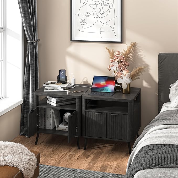 Nightstand with Charging Station, 24" End Table Side Table with Open Shelf, Modern Large Wood Fluted Bedside Cabinet for Bedroom, Living Room, Black-Ruum Studio Home