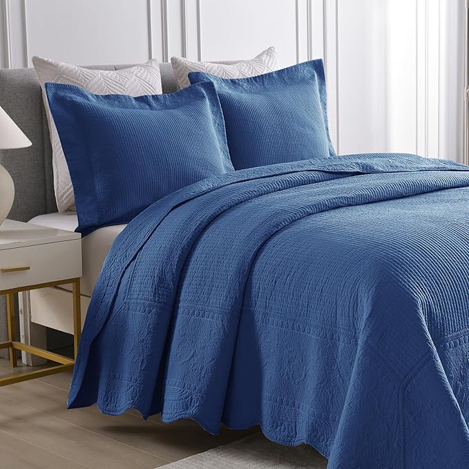 MarCielo 3-Piece 100% Cotton Oversized Bedspread Lightweight Quilt Coverlet Embroidery Farmhouse Bedding Set (TG Midtone Blue, Oversized King (118"x106"))-Ruum Studio Home
