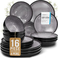 Stoneware dinnerware set 4 persons 16 pcs - Dishwasher, microwave and scratch resistant - Bowl and plate set 4 persons modern - Dinner service Pure Living black in gray…-Ruum Studio Home