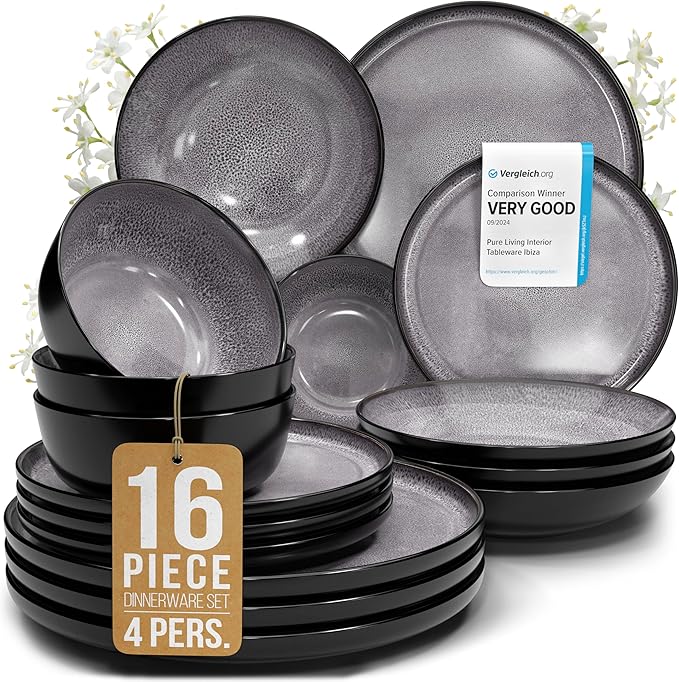 Stoneware dinnerware set 4 persons 16 pcs - Dishwasher, microwave and scratch resistant - Bowl and plate set 4 persons modern - Dinner service Pure Living black in gray…-Ruum Studio Home