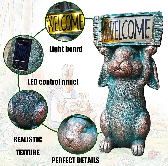 Rabbit Solar Welcome Garden Statues Outdoor Décor-Rabbit Figurines Solar LED Light Lawn Ornaments - Yard Decorations for Patio, Balcony, Backyard -Unique House Warming Gifts for Mom-Ruum Studio Home