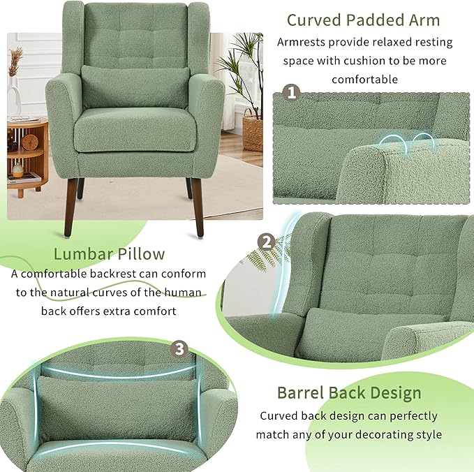 Accent Chair Set of 2, Upholstered Armchair with Pillow, Teddy Single Sofa Chair with Lounge Seat and Wood Legs for Living Room Small Spaces-Ruum Studio Home