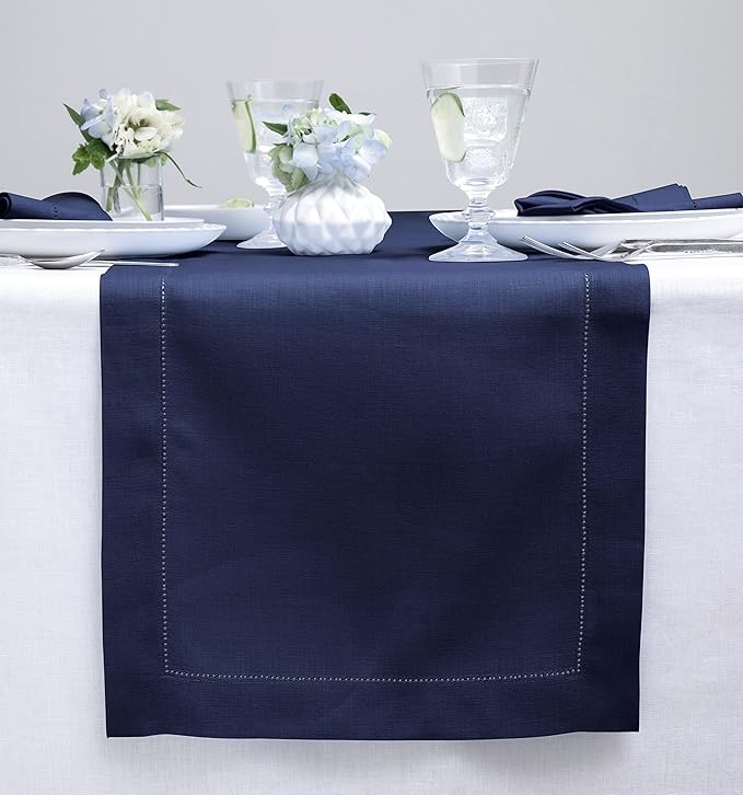 Solino Home Linen Navy Table Runner 90 Inches Long - 100% Pure Linen Hemstitch 14 x 90 Inch Table Runner for Dining, Fall, Autumn, Thanksgiving - Classic Hemstitch-Ruum Studio Home