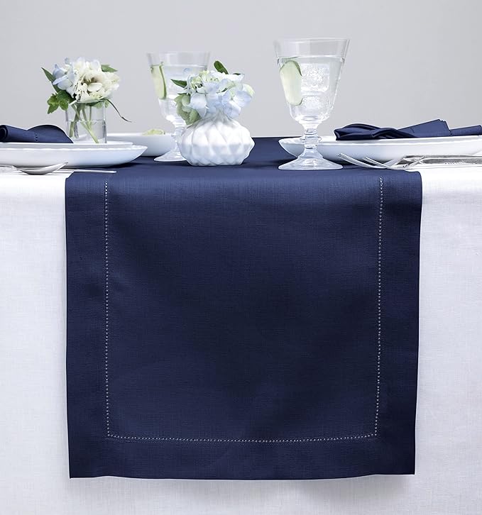 Solino Home Linen Navy Table Runner 48 Inches - Classic Hemstitch, 100% Pure Linen Coffee Table Runner 14 x 48 Inch Ideal for Dresser Tables - Fall, Autumn, Halloween, Thanksgiving-Ruum Studio Home
