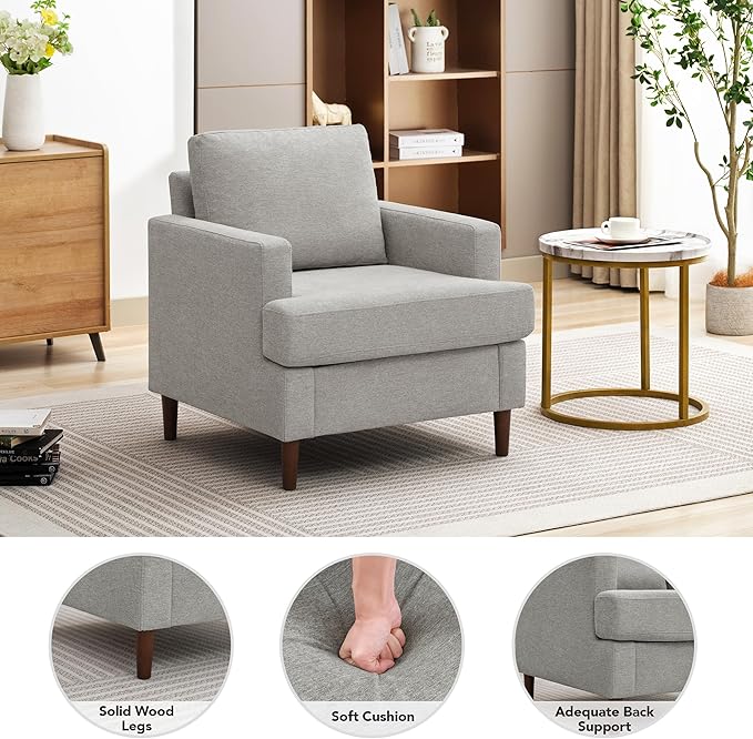 Mid-Century Accent Chair,Modern Linen Fabric Armchair for Living Room,Comfy Upholstered Reading Accent Chairs for Bedroom,Single Sofa Chair with Wood Legs (Light Grey, 1 Pack)-Ruum Studio Home