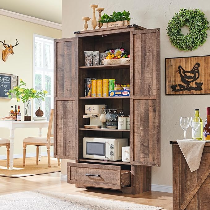 Farmhouse Kitchen Pantry Cabinet - 72" Tall Wood Kitchen Storage Cabinets with Adjustable Shelves & 2 Barn Doors & Drawer, Versatile Storage for Dining Room, Bathroom, Utility Room, Light Brown-Ruum Studio Home