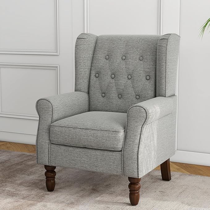 Lumibee High Back Accent Chair,Upholstered Wingback Armchair with Solid Wood Legs for Small Spaces,Comfy Single Sofa Chair for Living Room,Bedroom,Office-Light Gray-Ruum Studio Home