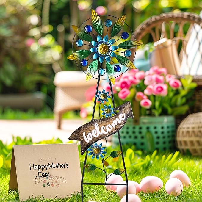 TERESA'S COLLECTIONS Hummingbird Garden Solar Stake, Wind Spinner Yard Art Sign for Outdoor Decor, Metal Purple Floral Windmill Decorative Garden Stake for Lawn Ornaments, Gifts for Mom, 26''-Ruum Studio Home