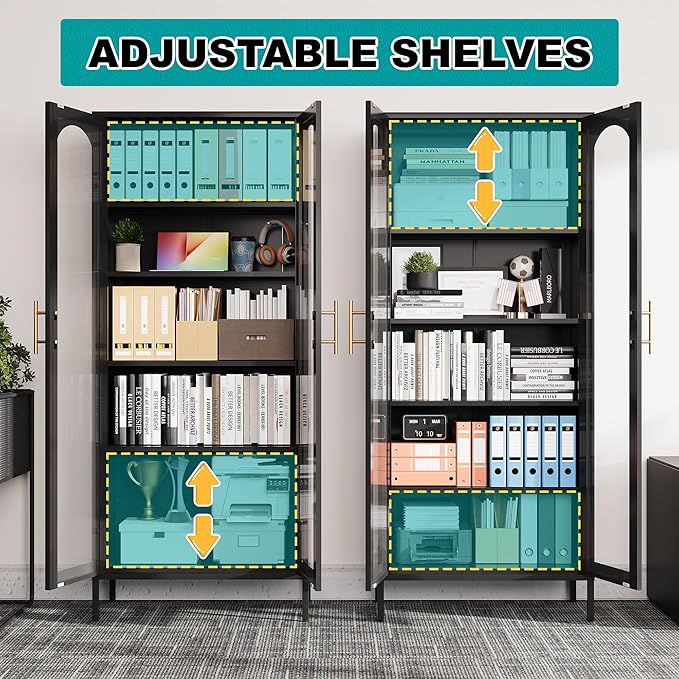 71" Tall Display Cabinet, 5-Tier Bookshelf with Doors & Adjustable Shelf, Modern Storage Cabinets Ideal for Book, Wine, Collectibles, Free Standing Bookcase for Home, Office, Living Room-Ruum Studio Home