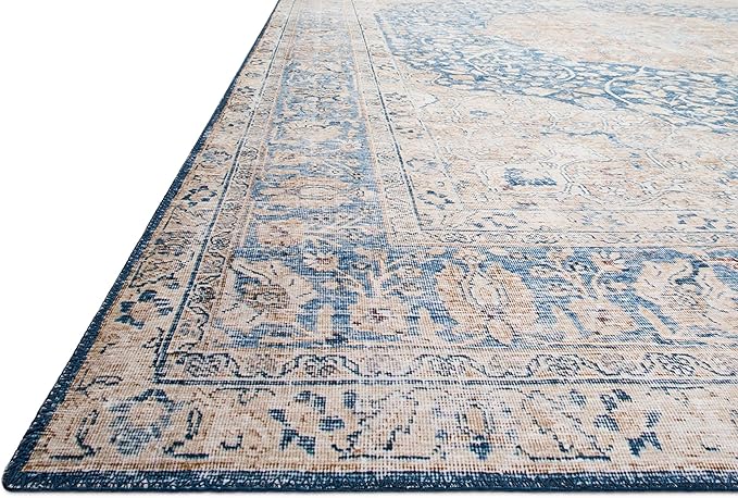 Loloi Layla Collection LAY-07 Blue/Tangerine 2'-6" x 9'-6" .13" Thick Runner Rug, Soft, Durable, Vintage Inspired, Distressed, Low Pile, Non-Shedding, Easy Clean, Printed, Living Room Rug-Ruum Studio Home