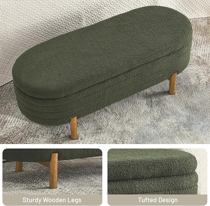 Furniliving 46” Storage Benches, End of Bed Bench with Button-Tufted Large Upholstered Storage Ottoman Teddy Window Bench with Storage Shoe Cabinet Bench, for Bedroom, Entryway, Closet, Green-Ruum Studio Home