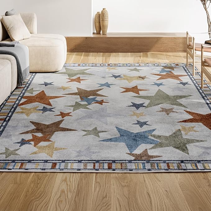 JONATHAN Y Machine-Washable Ivory/Blue/Orange Indoor Area Rug, 4x6, Star Gazer Geometric, Border, Kids & Novelty, Classic, Bedroom, Kitchen, Living Room, Easy-Cleaning, Non-Shedding (KDW100A-4)-Ruum Studio Home
