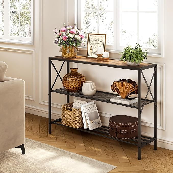 Hoctieon Industrial Console Table, 3 Tier Entryway Table, Hallway Table, Narrow Sofa Table with Shelves, Entrance Table for Entryway, Living Room, Foyer, Hallway, Office, Rustic Brown&Black-Ruum Studio Home