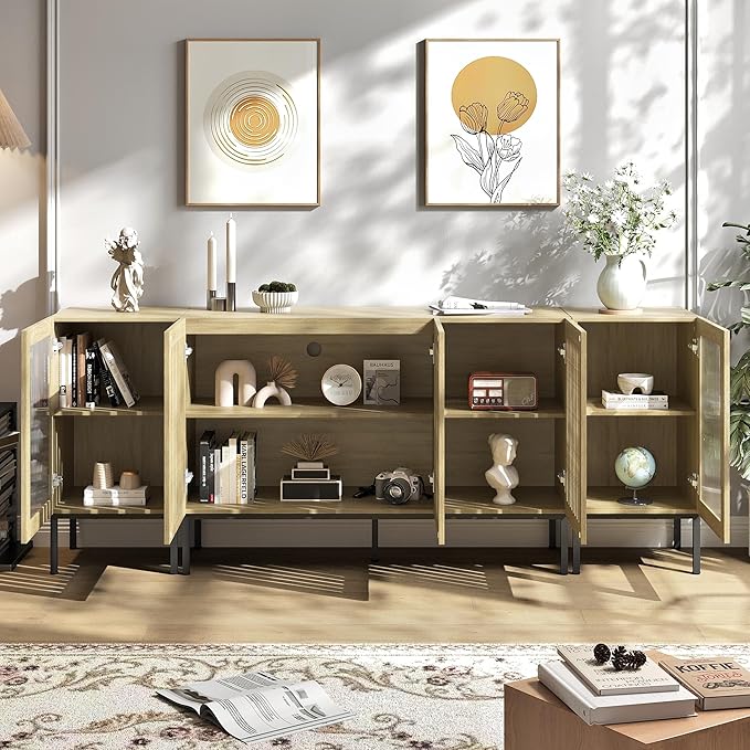 Farmhouse TV Stand for TVs up to 85 Inch, Entertainment Center TV Console with Storage Cabinets and Glass Doors, Media Console for Living Room,Oak-Ruum Studio Home