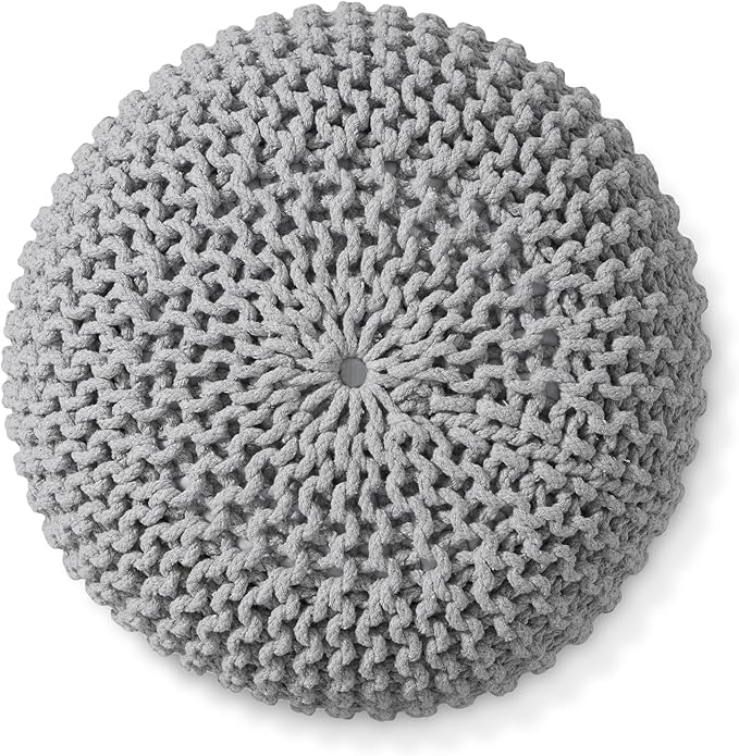 Casafield Round Pouf Ottoman, Light Gray - 20" Diameter x 14.5" High Cotton Knit Foot Stool - Boho Floor Pouffe for Living Room, Bedroom, Home Office-Ruum Studio Home