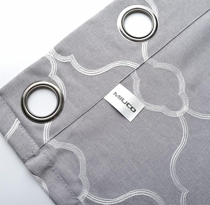 MIUCO Moroccan Embroidery Semi Sheer Curtains Faux Linen Grommet Curtains for Bedroom 52 x 63 Inch 2 Panels, Grey-Ruum Studio Home