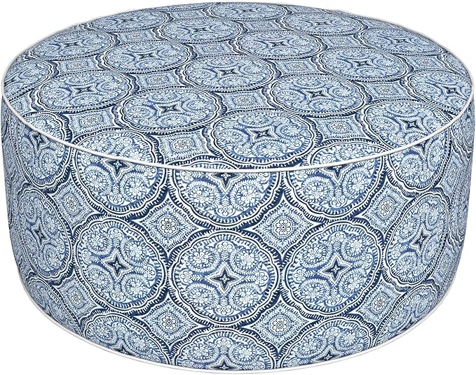 Inflatable Ottoman Stool D31 xH14 for Outdoor/Indoor Use, Water Repellent Patio Foot Rest Stool with Portable Handle,Round Pouf Ottoman Suitable for Garden,Deck and Camping - Medallion Blue-Ruum Studio Home