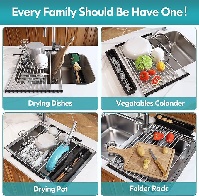 Roll Up Dish Drying Rack, Expandable (12.8"-23.8" D x 12.8" W) Stainless Steel Portable Over The Sink Dish Drainer for Kitchen Sink Counter, Foldable Sink Cover with Removable Utensil Holder-Ruum Studio Home