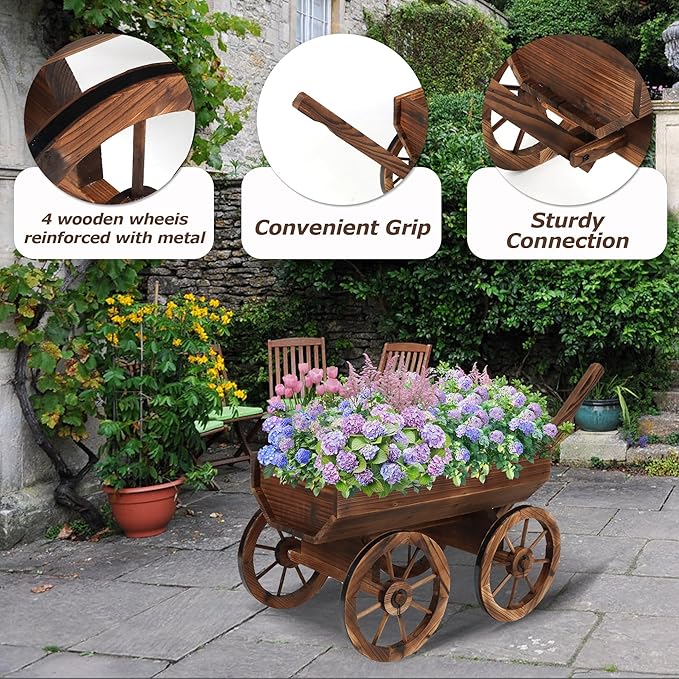 Garden Wooden Decor Rustic Flower Pot,Planters Wagon Indoor Outdoor Backyard Balcony Decor,for Outside Garden Decor Wheelbarrow Planter for Patio (Wooden Wagon with Light)-Ruum Studio Home