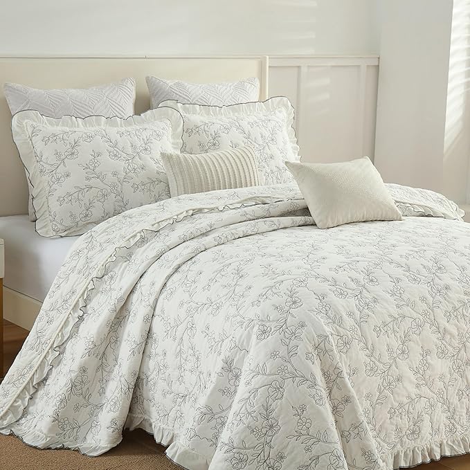MarCielo 3-Piece 100% Cotton Bedspread Lightweight Quilt Coverlet Embroidery Farmhouse Bedding Set (Floral,Queen (98" X 90"))-Ruum Studio Home