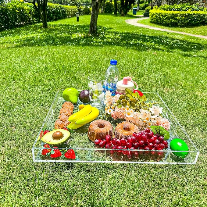Clear Rectangular 18x20 Inches Acrylic Ottoman Tray Decorative Serving Tray with Cutout Handles Organizer Tray on Coffee Table Countertop Big Breakfast Bed Tray Living Room Appetizer Serving Food-Ruum Studio Home