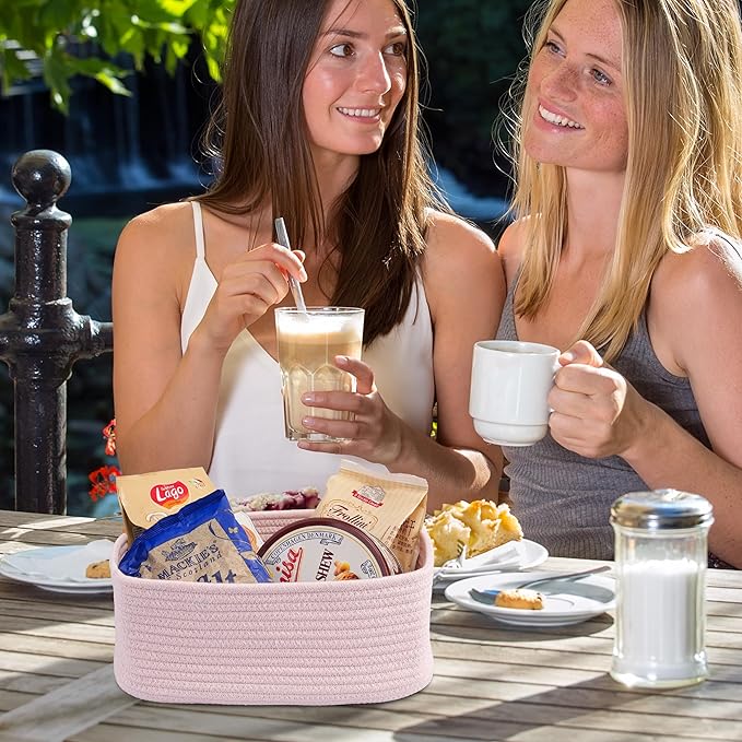 Small Woven Storage Baskets 12“X8”X5“ Decorative Rope Bins for Organizing Shelves, Closets, and Toys, Empty Gift Baskets, Cute Organizer Basket for Home and Office (pink, regular)-Ruum Studio Home