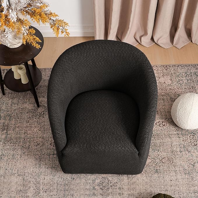 KINWELL 32" Wide Modern Boucle Swivel Barrel Chair, No Assembly Round Upholstered Swivel Accent Armchair for Living Room, Bedroom, Office (Black)-Ruum Studio Home