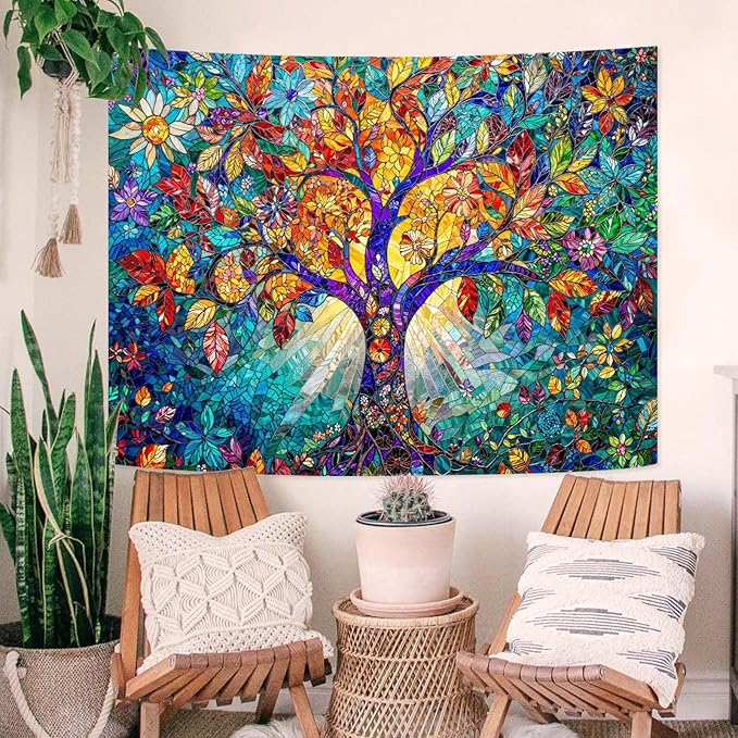 Lunerfex Tree of Life Tapestry Stained Glass Tapestry Wall Decor Tapestries for Bedroom Art Tapestries Wall Hanging for Bedroom Living Room Glass-Tree-02 60"x80"-Ruum Studio Home
