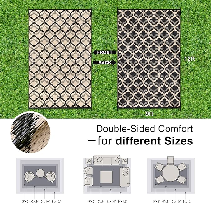 OLANLY Reversible Outdoor Rug 9x12 ft Clearance, Waterproof Outdoor Plastic Straw Rug with Interlacing Pattern, RV Mat for Patio, Camping, Balcony, Deck, Backyard, Black & Beige-Ruum Studio Home