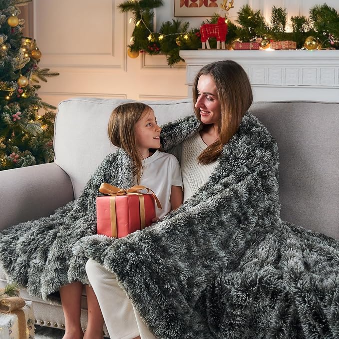 GONAAP Fuzzy Faux Fur Throw Blanket Twin Size Frosty Black Super Soft Cozy Plush Fuzzy Shaggy Blanket for Couch Sofa Bed (Frosty Black, Twin(60"x80"))-Ruum Studio Home