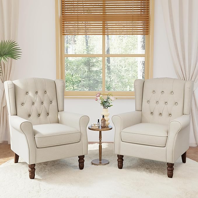 Lumibee High Back Accent Chair Set of 2,Upholstered Wingback Armchair with Solid Wood Legs for Small Spaces,Comfy Single Sofa Chair for Living Room,Bedroom,Office-Beige-Ruum Studio Home