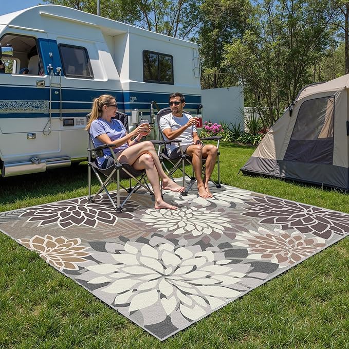 Indoor Outdoor Area Rug Washable Multicolored Patio Rug Tropical Botanical Modern Floral Indoor Outdoor Carpet Brown White Rug Non Slip Non Shedding for Patio, Deck, Backyard, Porch (5x8)-Ruum Studio Home