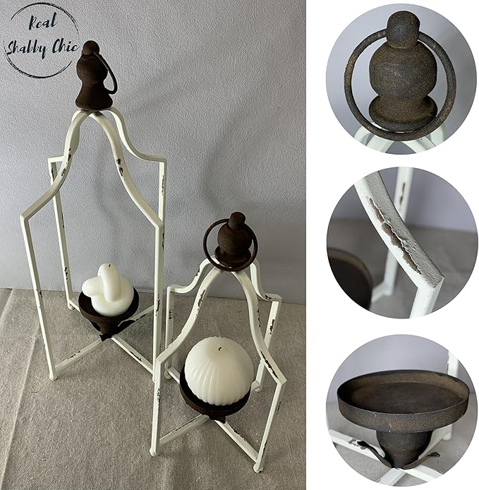 Large Tall Shabby Chic Lanterns Decorative Indoor Outdoor, Outside Gifts Front Porch Patio Vintage Metal Candle Holders, Fireplace Table Floor Farmhouse Rustic Decor Set of 2-Ruum Studio Home