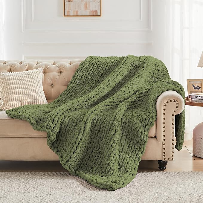 Carriediosa Chunky Knit Throw Blanket 60" X 80" Twin, 100% Hand Made Large Chenille Loop Yarn Soft Fluffy Throws for Couch Sofa Bed, Big Crochet Cozy Heavy Thick Cable Woven Blankets, Olive Green-Ruum Studio Home