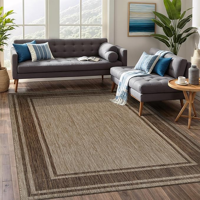 Beverly Rug Outdoor Rug 8x10 Modern Bordered Area Rugs for Indoor and Outdoor Patio Deck Porch Garden Waterproof Weather Sun Resistant Washable Outside Carpet (8 x 10 Jute)-Ruum Studio Home