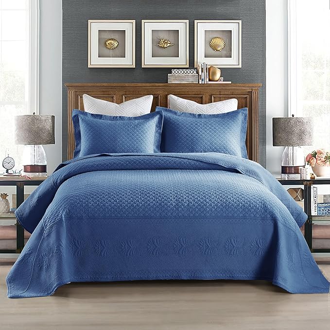 MarCielo 3-Piece 100% Cotton Oversized Bedspread Lightweight Quilt Coverlet Embroidery Farmhouse Bedding Set (TM Midtone Blue, Oversized Queen (100"x106"))-Ruum Studio Home