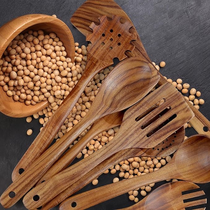comfoyar Teak Wooden Spoons for Cooking, 10 Pieces Kitchen Cooking Utenails Set with Spatula and Ladle, Heat Resistant Kitchen Cookware for Nonstick Pan-Ruum Studio Home