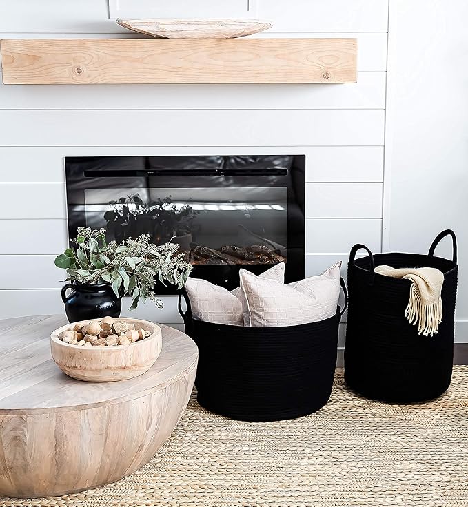 OrganiHaus Woven Laundry Basket - Large Round Black Rope Basket for Dirty Clothes, Blankets, Toys & Nursery Organizers - 38x45cm-Ruum Studio Home