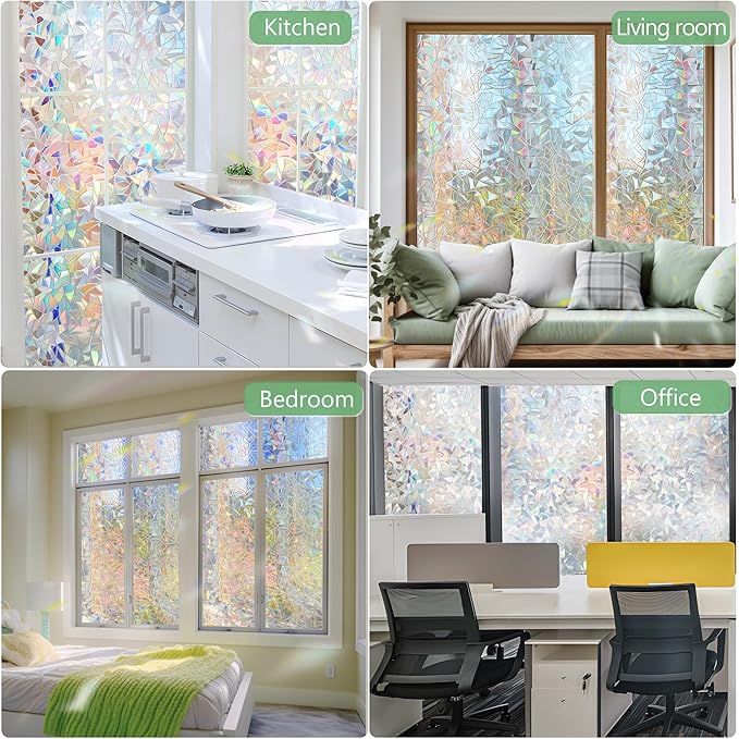 HIDBEA Window Privacy Film Static Clings, Rainbow Window Film, 3D Decals Non-Adhesive Window Vinyl Film for Home Door, 35.4 Inch × 6.5 Feet-Ruum Studio Home