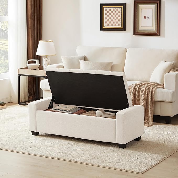 48" Ottoman with Storage, Storage Ottoman Bench with Safety Hinge, Upholstered Entryway Bench with Seating for Bedroom, Living Room, Holds up to 330 lb, Beige-Ruum Studio Home