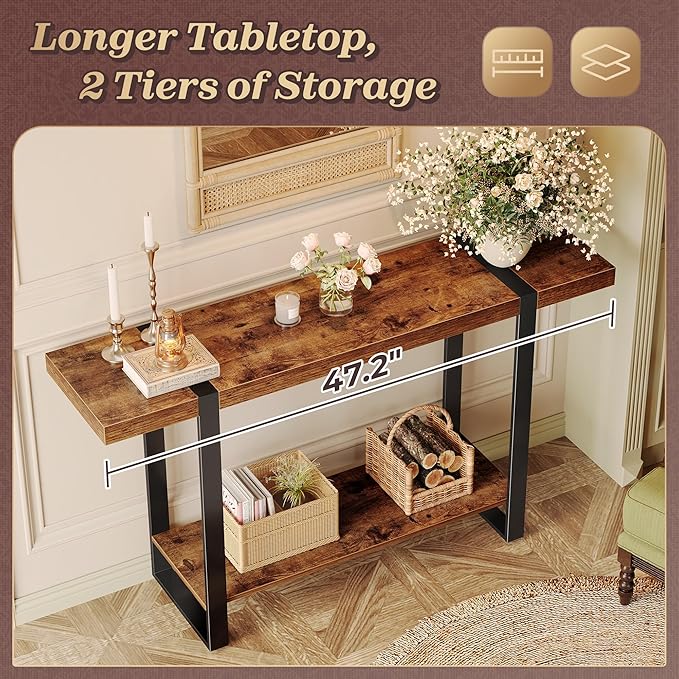 Huuger 47.2 Inch Entryway Table, 2-Tier Industrial Console Sofa Table, Accent Table with Storage, for Entry, Hallway, Entrance, Foyer, T-Shaped Metal Frame, Rustic Brown-Ruum Studio Home