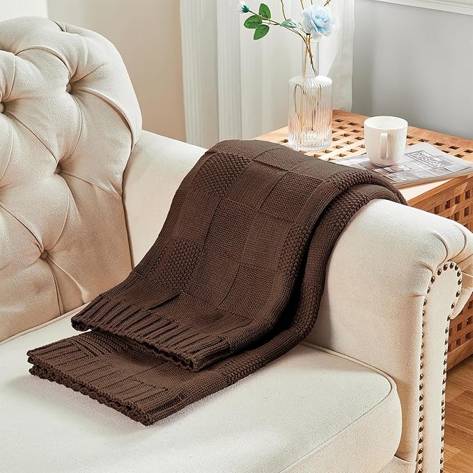 CozeCube Check Knit Throw Blanket, Dark Brown Checkered Throw for Couch, Decorative Christmas Soft Cozy Warm Knitted Blanket for Bed Sofa Living Room, 60"X80"-Ruum Studio Home