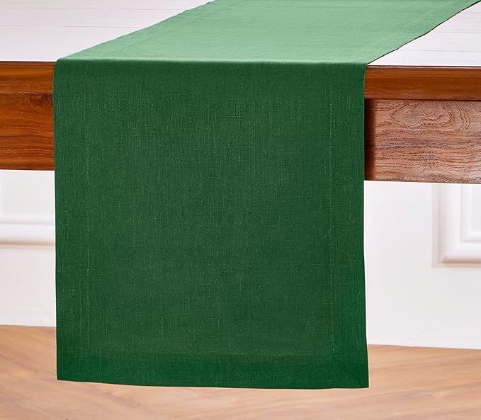 Solino Home Linen Pine Green Table Runner 120 Inches Long - 100% Pure Linen 14 x 120 Inch Table Runner for Fall, Autumn, Thanksgiving - Fete-Ruum Studio Home