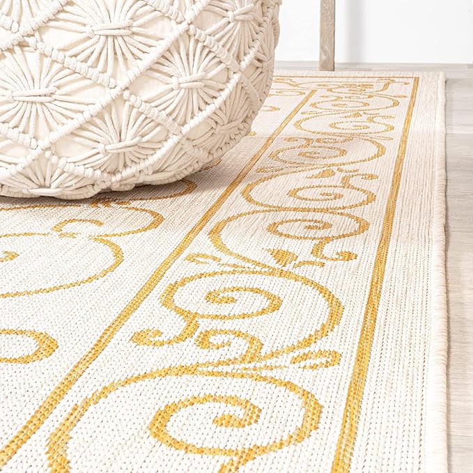 JONATHAN Y Vintage Filigree Indoor Outdoor Round Area Rug 5 Ft Cream/Yellow, Charleston Textured Weave for Backyard, Patio, Porch, Easy-Cleaning, High Traffic, Pet-Friendly, Non-Shedding (SMB106M-5R)-Ruum Studio Home