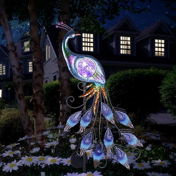 TERESA'S Collections Yard Decorations Outdoor for Garden Decor, Peacock Solar Outdoor Lights, 35.4'' Metal Lawn Ornaments for Outside with Crackle Glass Ball, Decorative Stake Gifts for Mom-Ruum Studio Home