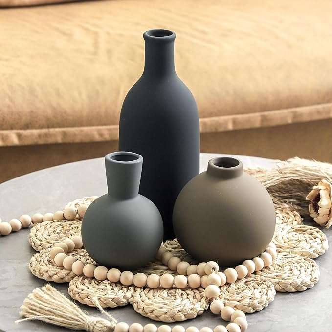 Ceramic Vase Set of 3 | Neutral Vases Home Decor | Modern Flower Pottery Vases Rustic Farmhouse Vase for Table Entryway Mantel Centerpiece Bookshelf Living Room Bathroom Bedroom -Multicolor Large-Ruum Studio Home