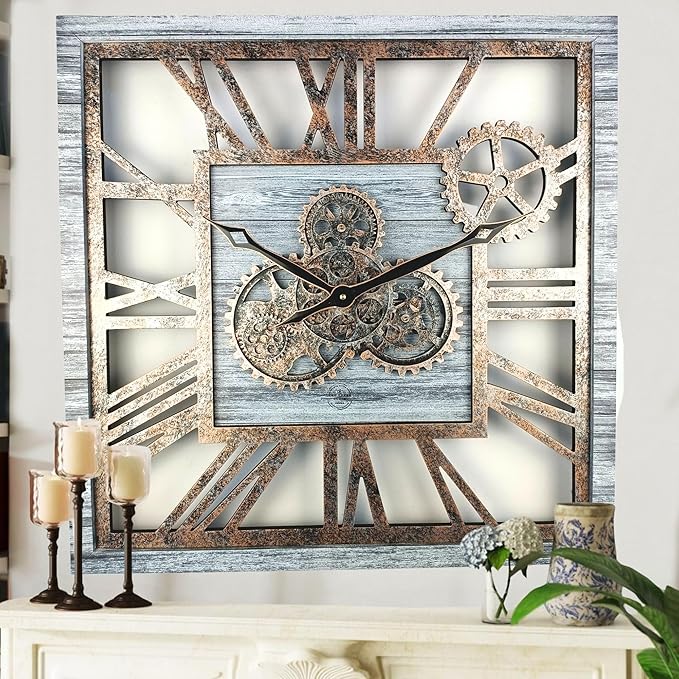 The Gears Clock 24'' Inch Square Real Moving Gear Wall Clock Vintage Industrial Oversized Rustic Farmhouse (Silver Grey)-Ruum Studio Home