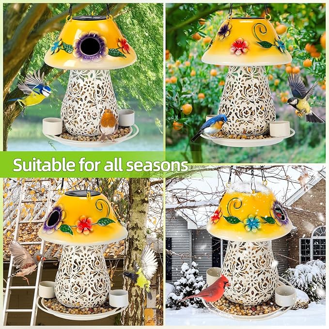 Mushroom Solar Bird Feeders for Outdoors Hanging Metal Wild Bird Feeder Garden Lantern with S Hook for Garden Decoration Yellow-Ruum Studio Home